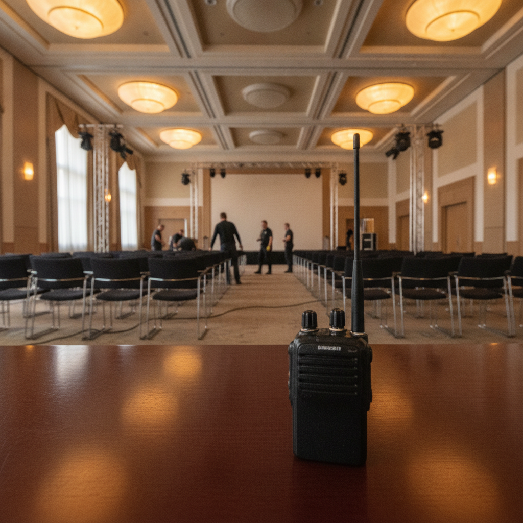 Koordynator z tabletem nadzorujący przebieg wydarzenia biznesowego w nowoczesnej sali konferencyjnej.